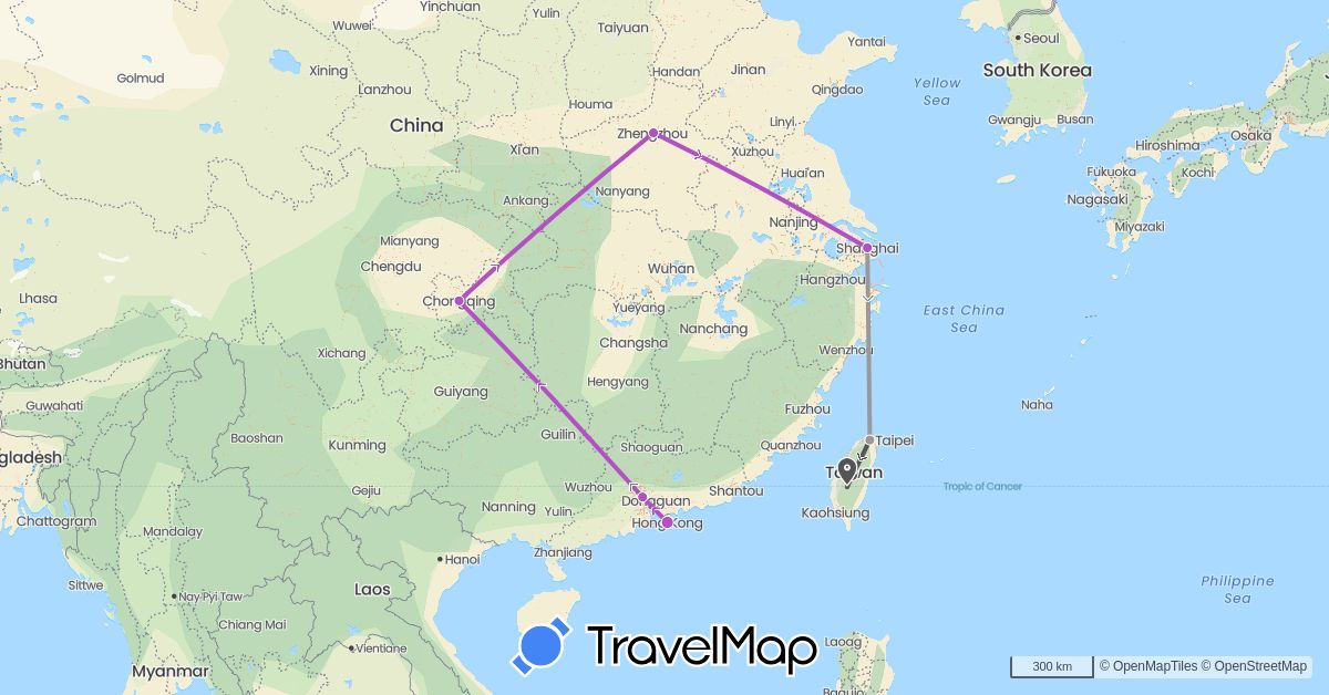 TravelMap itinerary: driving, plane, train, motorbike in China, Taiwan (Asia)